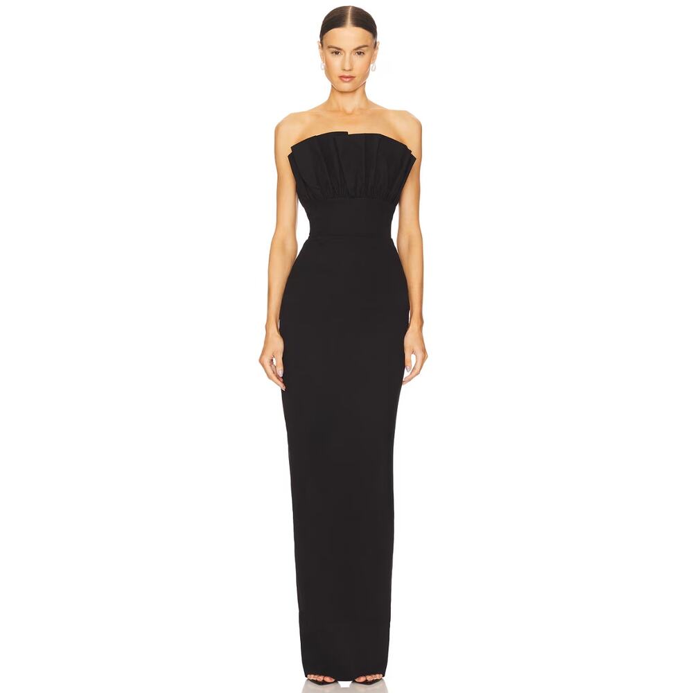 Strapless Black Maxi Dress with Pleated Bodice